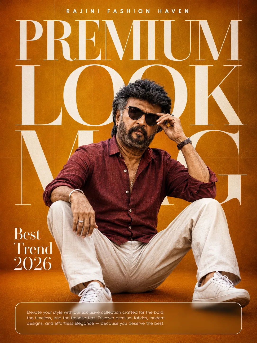 Create an ultra-realistic premium fashion editorial poster featuring a stylish mature South Indian man, inspired by high-end luxury