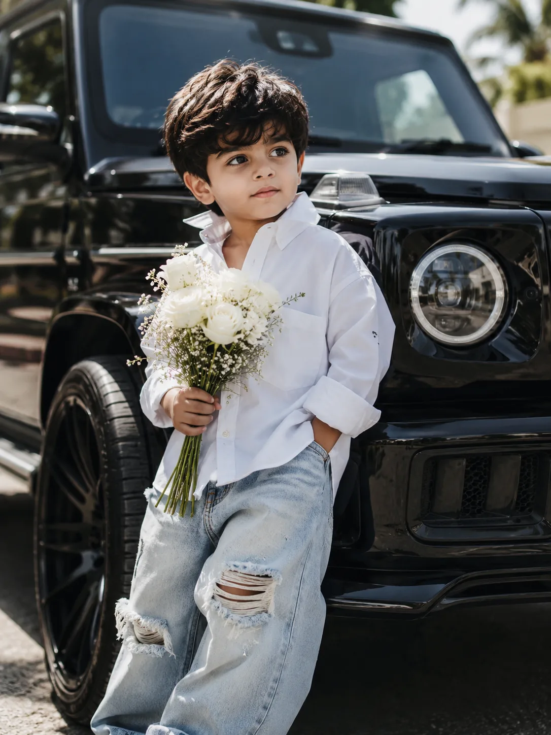 Stylish mid-shot portrait of a 4 years very handsome boy, wavy fringe hairstyle (face reference from uploaded image) with a thoughtful