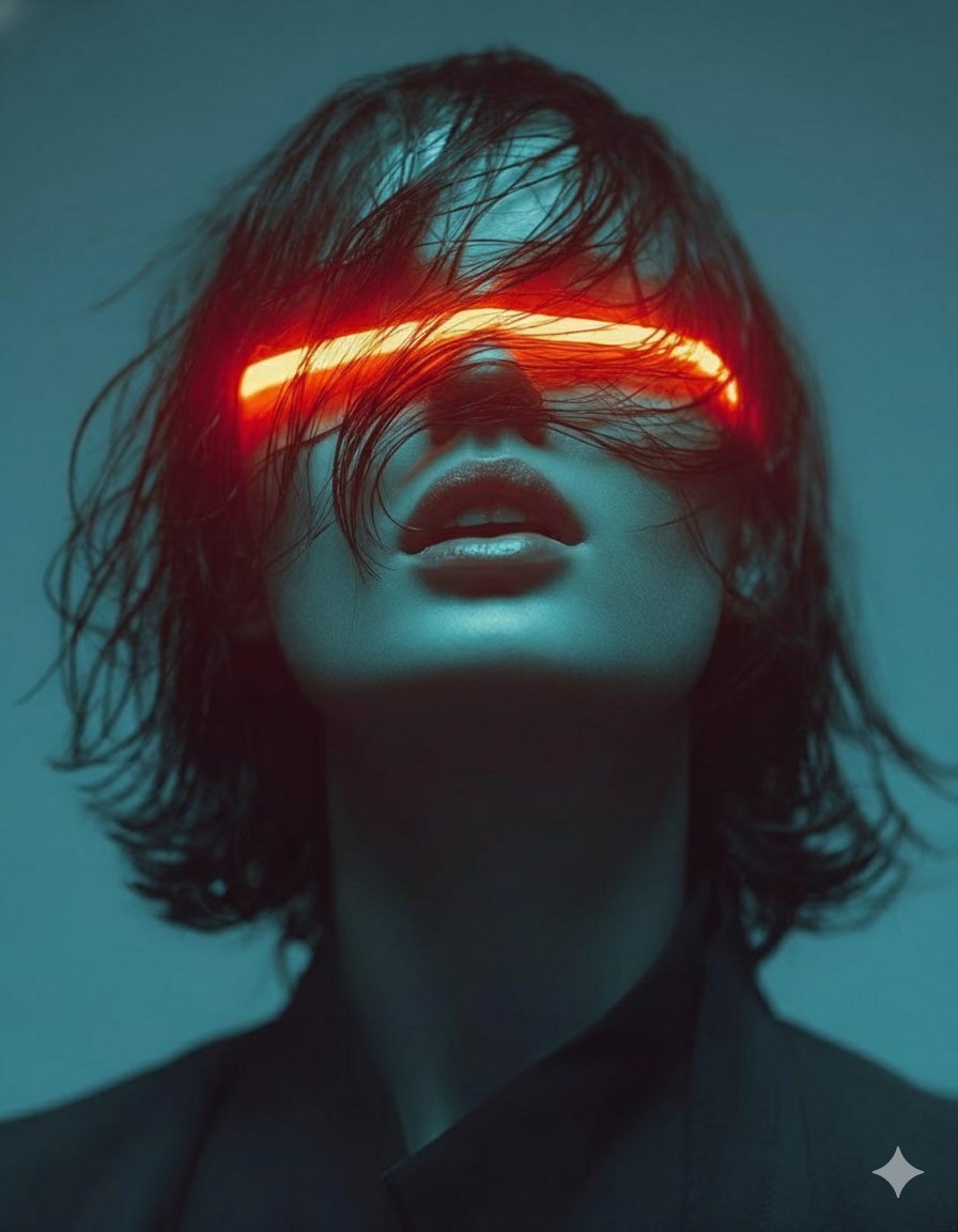 A high-fashion, cinematic portrait of a person with wet, dark tousled hair partially covering their face.