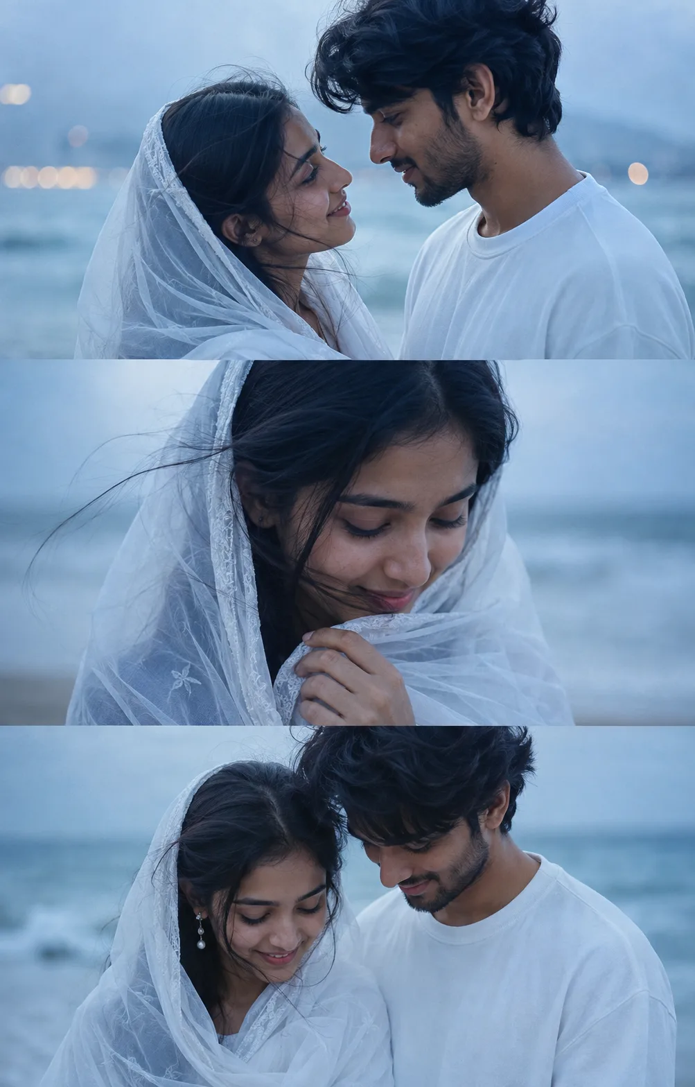 A romantic cinematic three-panel vertical collage featuring a young South Asian couple at a tranquil beach during blue hour, divided into