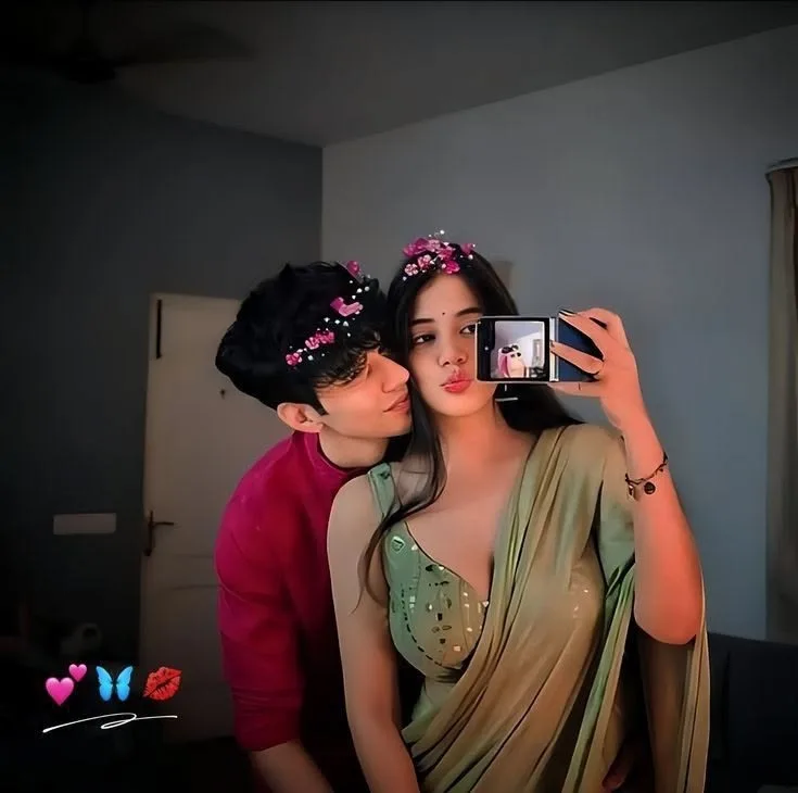 Romantic Indoor Mirror Selfie of Indian Couple in Ethnic Attire