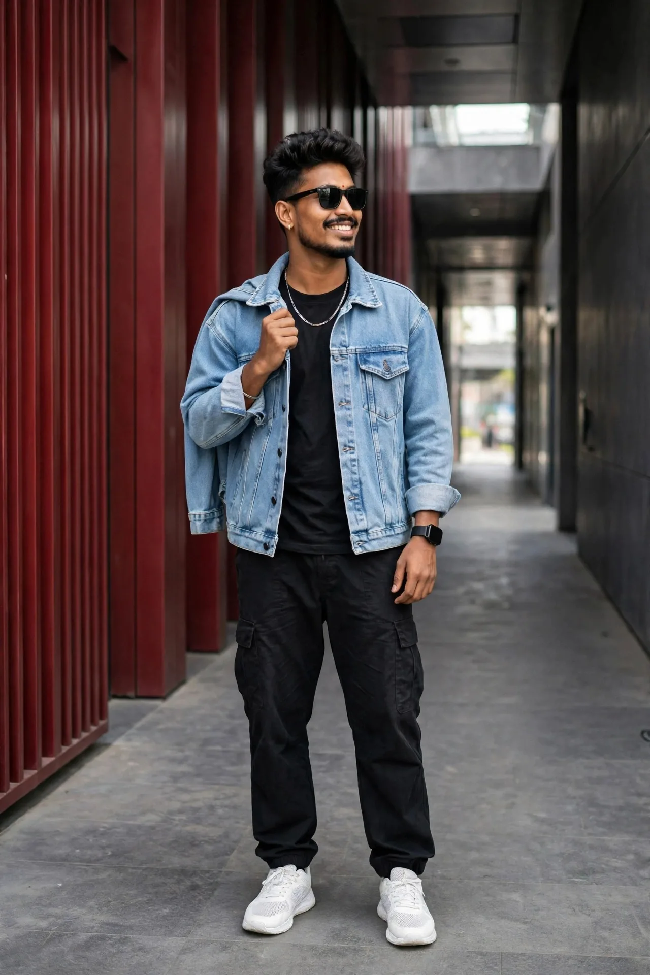 Create an ultra-realistic 4K DSLR full-body fashion portrait of a stylish young man standing confidently in a modern architectural corridor