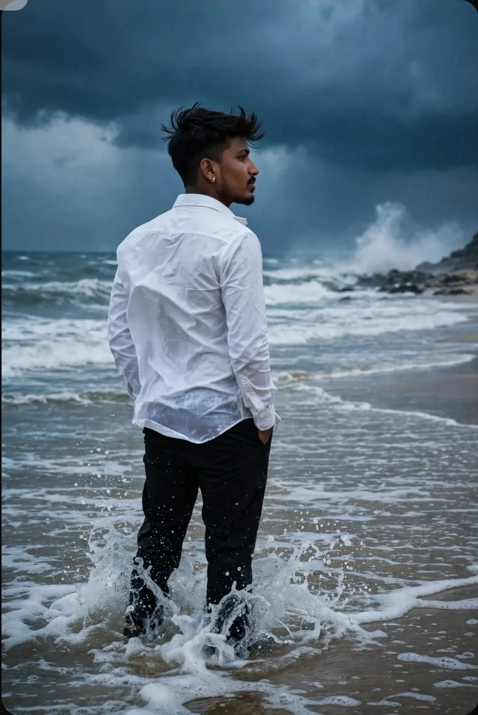Prompt:Ultra-realistic cinematic portrait using my uploaded face, South Asian man standing alone in shallow seawater on a stormy beach,