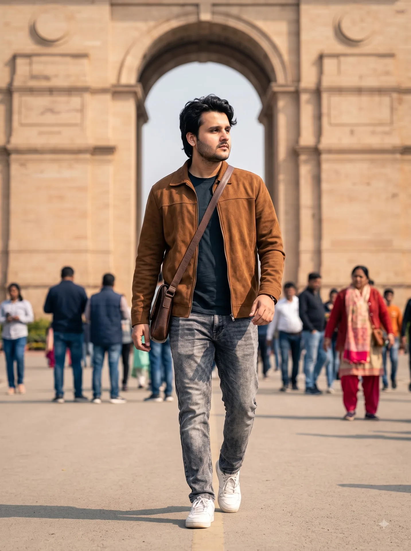 Create a highly realistic, ultra-detailed cinematic travel photograph of a young Indian man casually walking in front of the iconic India