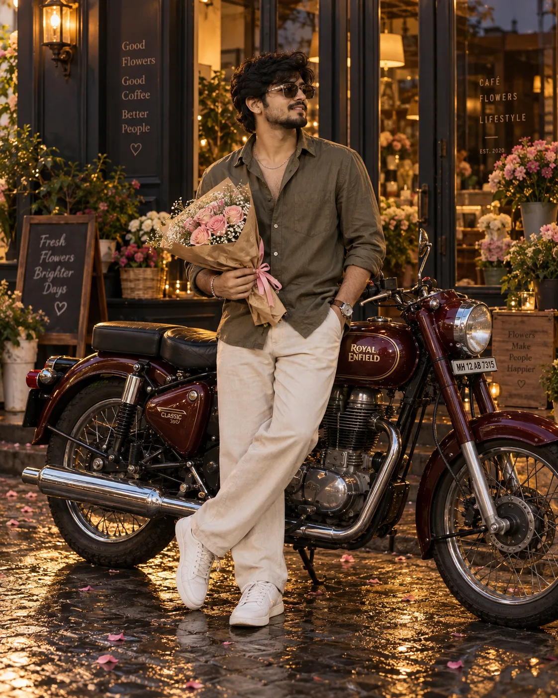 Create a "highly photorealistic cinematic Indian fashion lifestyle photograph of a young South Asian/Indian man standing casually beside a
