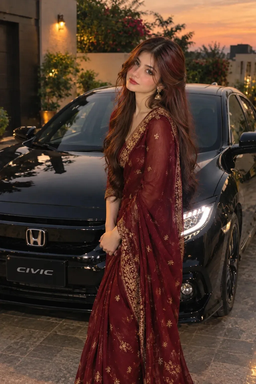✨ Image Prompt: A beautiful young woman with long, voluminous wavy brown hair stands gracefully in front of a glossy black Honda Civic.