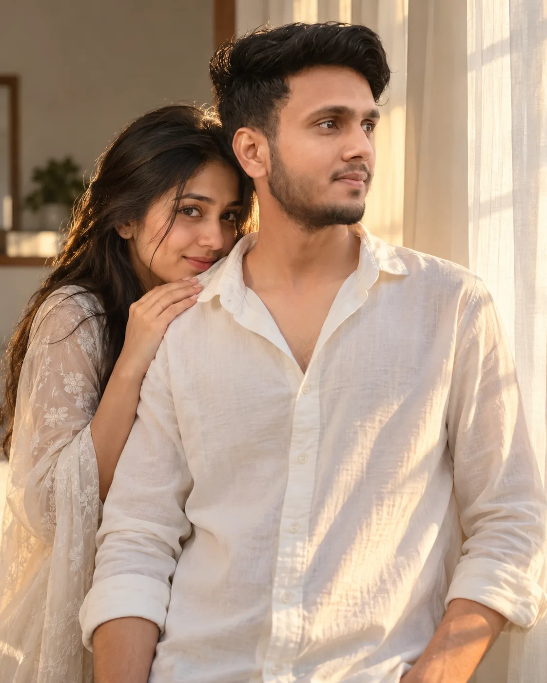 Create an ultra-realistic, high-resolution cinematic couple portrait based closely on the uploaded reference image.