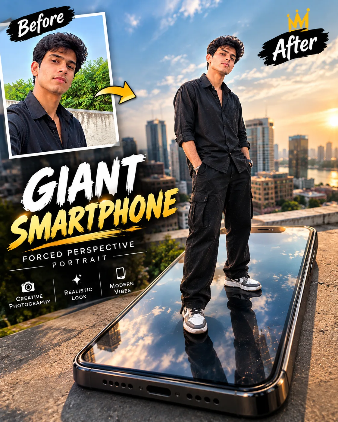 Transform the uploaded photo into a highly realistic forced-perspective photography scene.