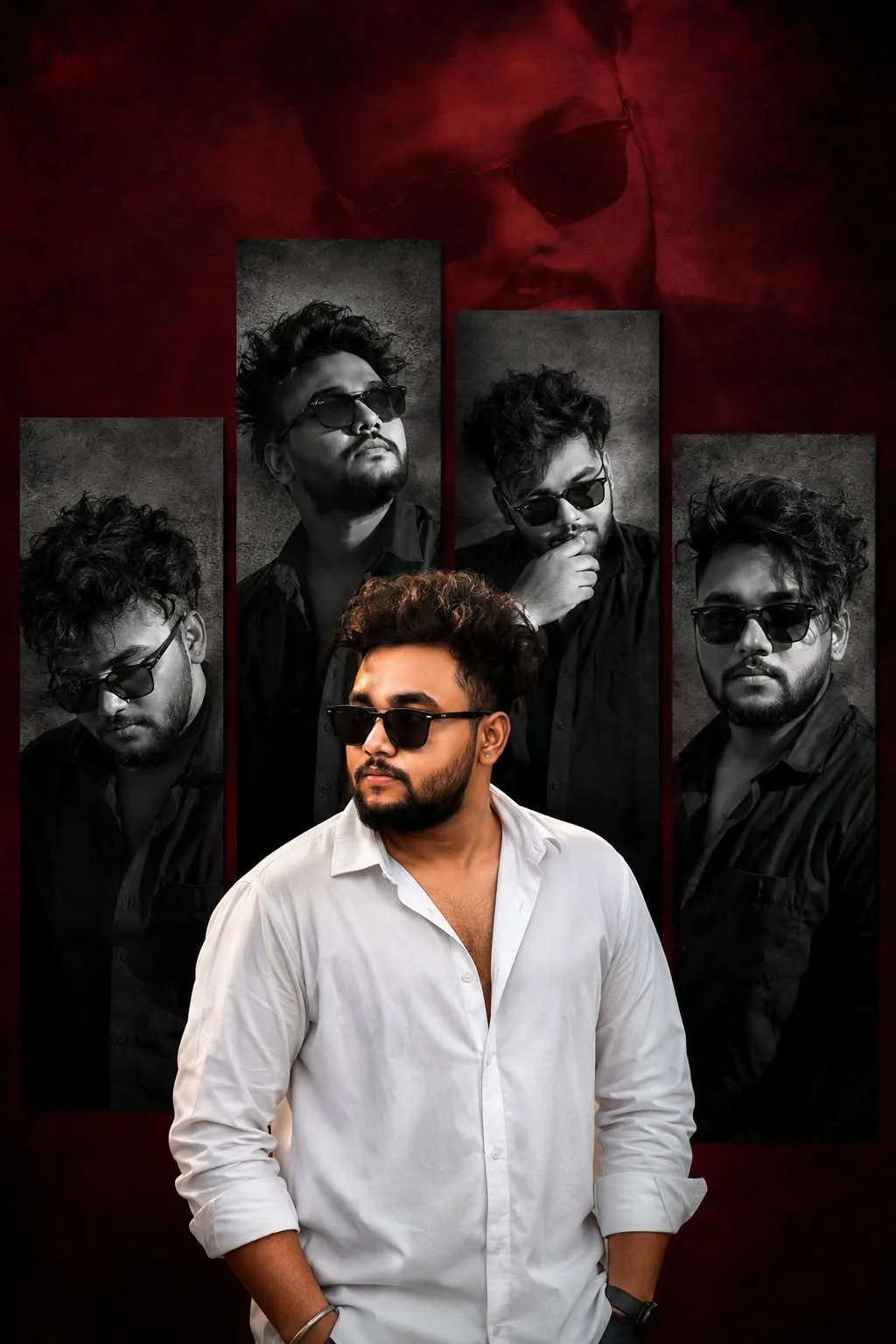 An absolute visual masterpiece, hyper-photorealistic and ultra-detailed multi-pose character montage portrait capturing a stylish young man