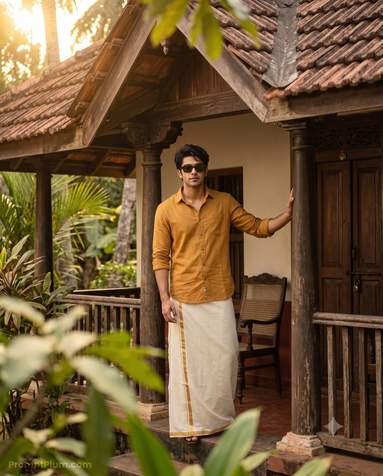 Create an ultra-realistic cinematic portrait of a stylish man standing at the entrance of the veranda of a traditional Kerala heritage