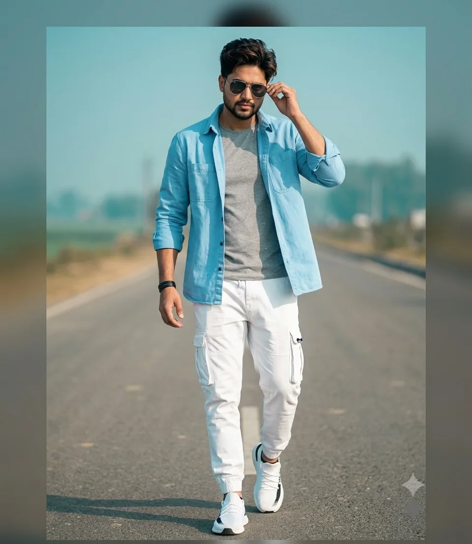 Create image of A stylish man walking confidently on an open road.