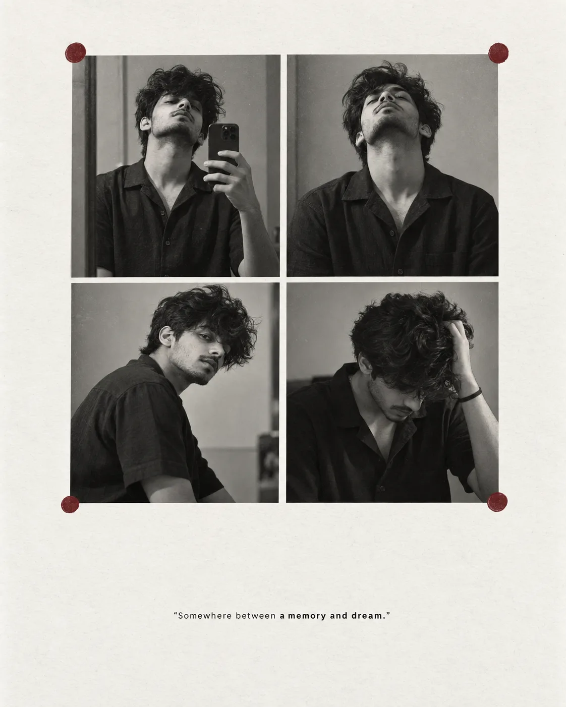 Minimalist editorial 4-photo collage on a warm off-white background, featuring the same young South Indian man with messy wavy black hair