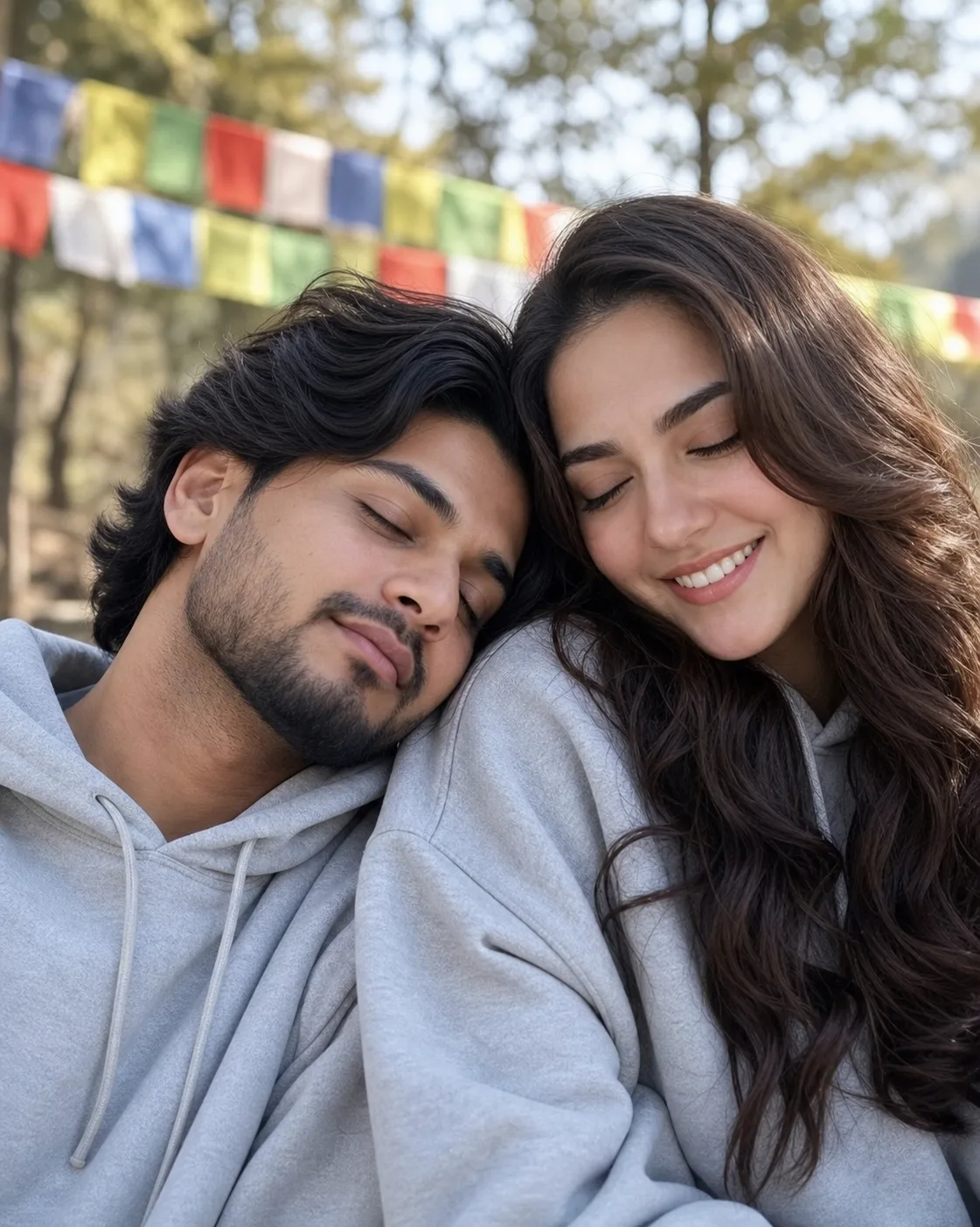 A candid, intimate outdoor portrait of a young couple sitting close together, both wearing light gray hoodies.