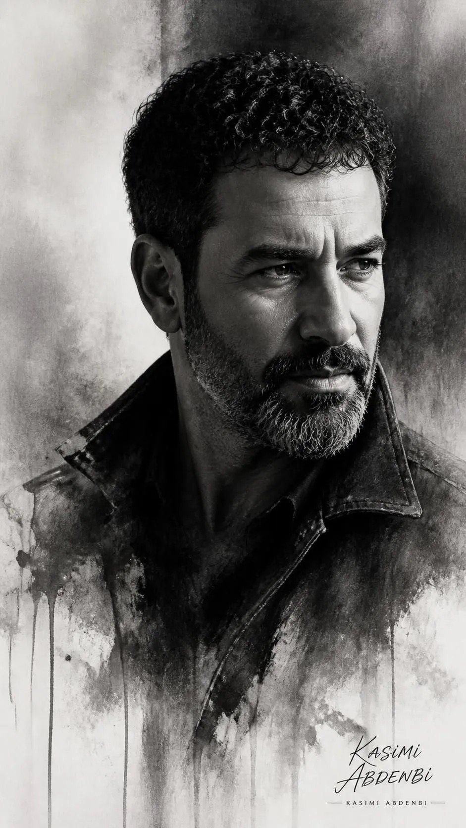 Portrait of a brooding man (image Uploaded) in three-quarter profile facing right, monochrome black and white charcoal and graphite
