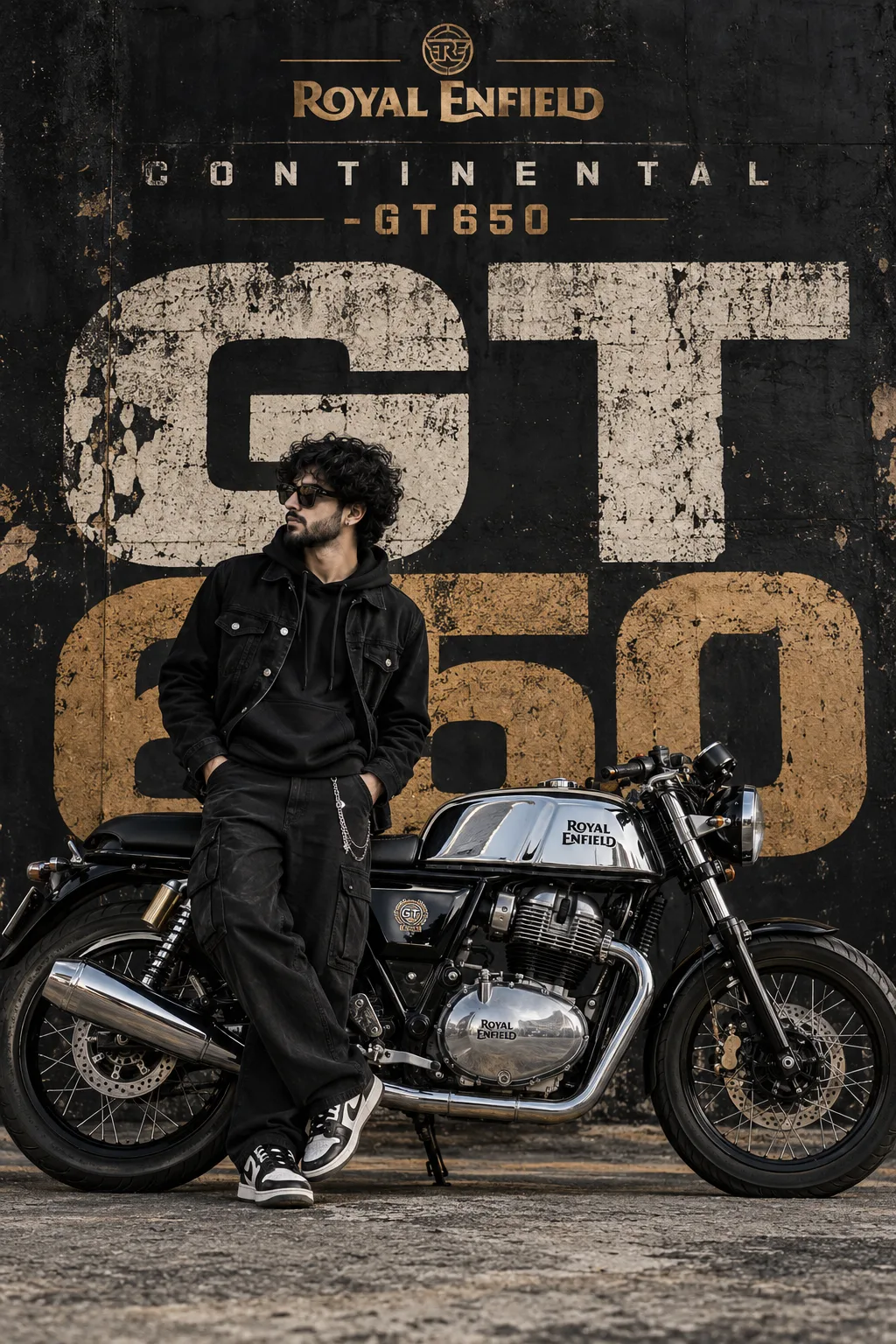A high-quality commercial automotive and fashion photography shot of a young, stylish South Asian man posing next to a parked Royal Enfield