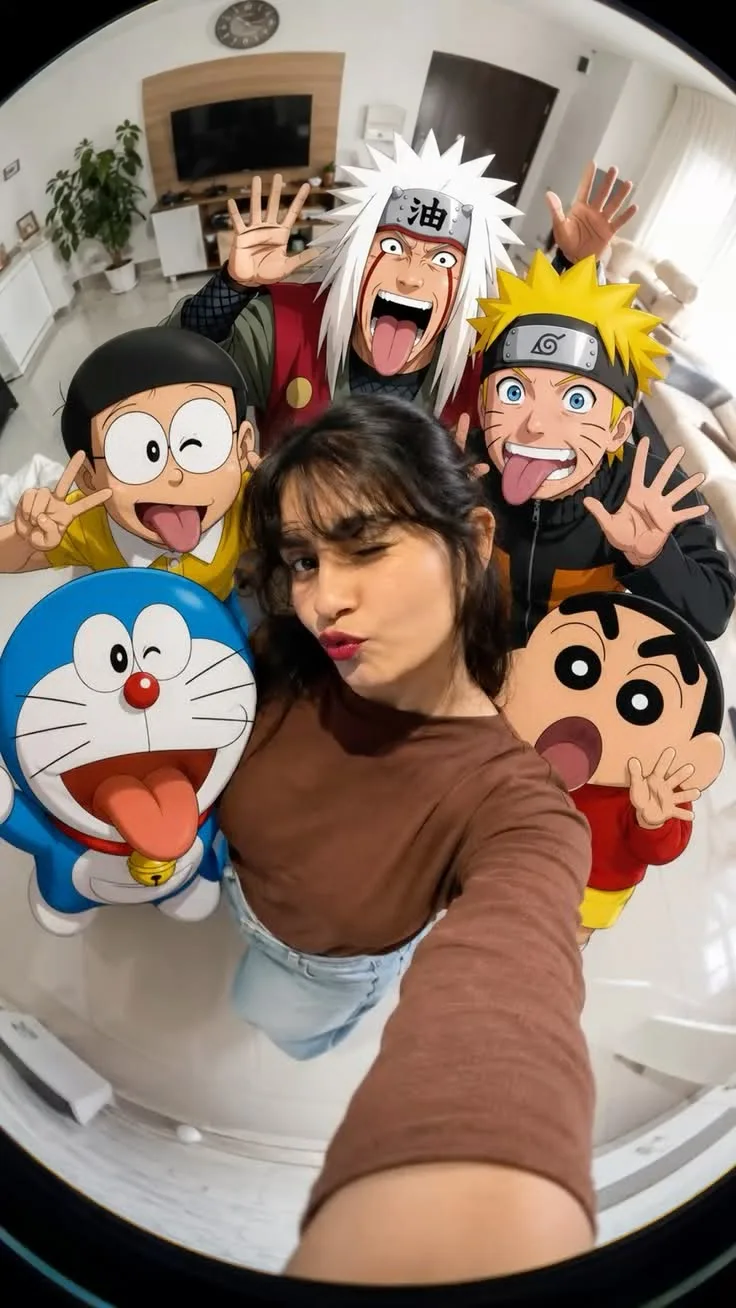 Anime Squad Selfie – Real Girl Meets Cartoon Legends 📸🔥