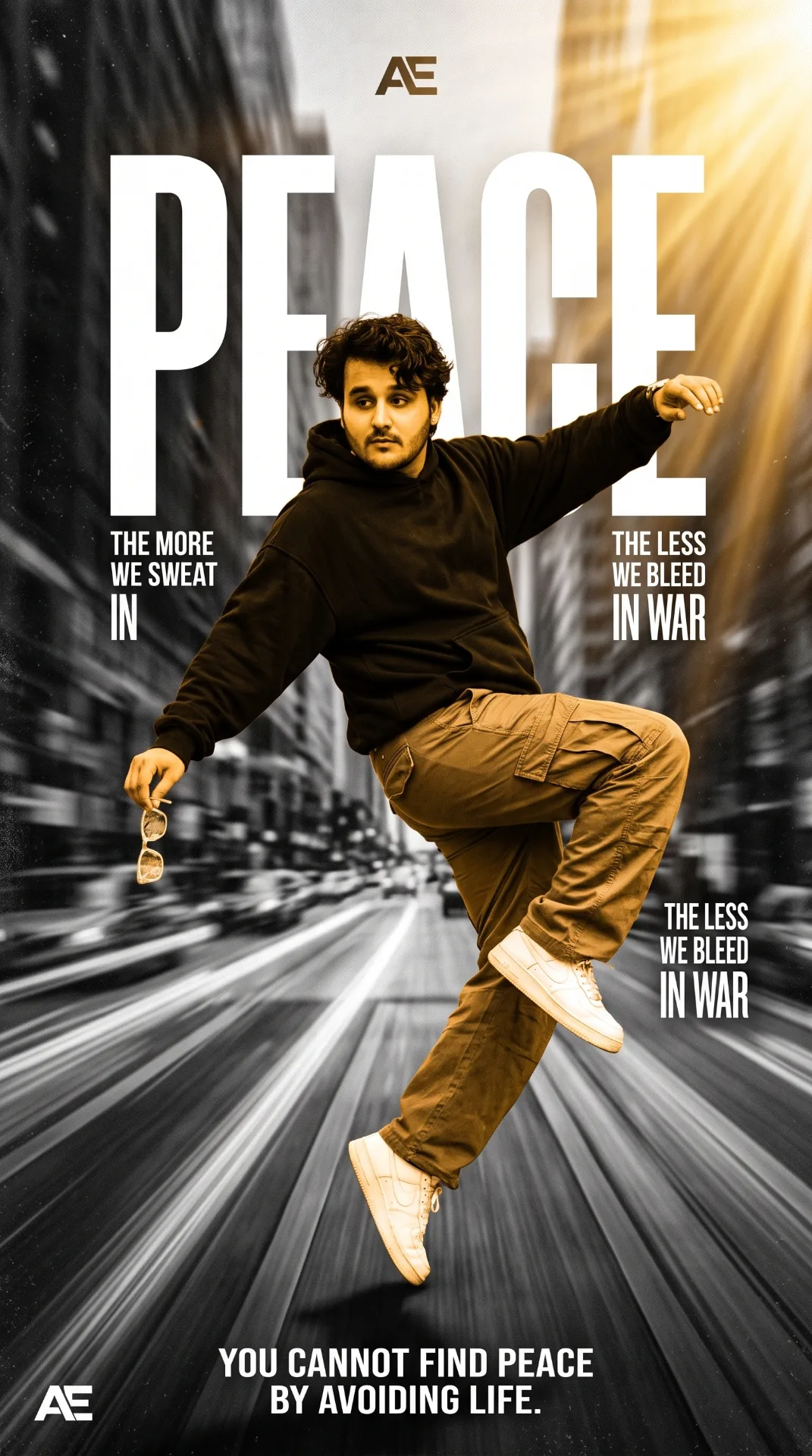 "Streetwear fashion poster design, dynamic action shot of a young man captured mid-jump in a breakdance/parkour pose, body twisted with one