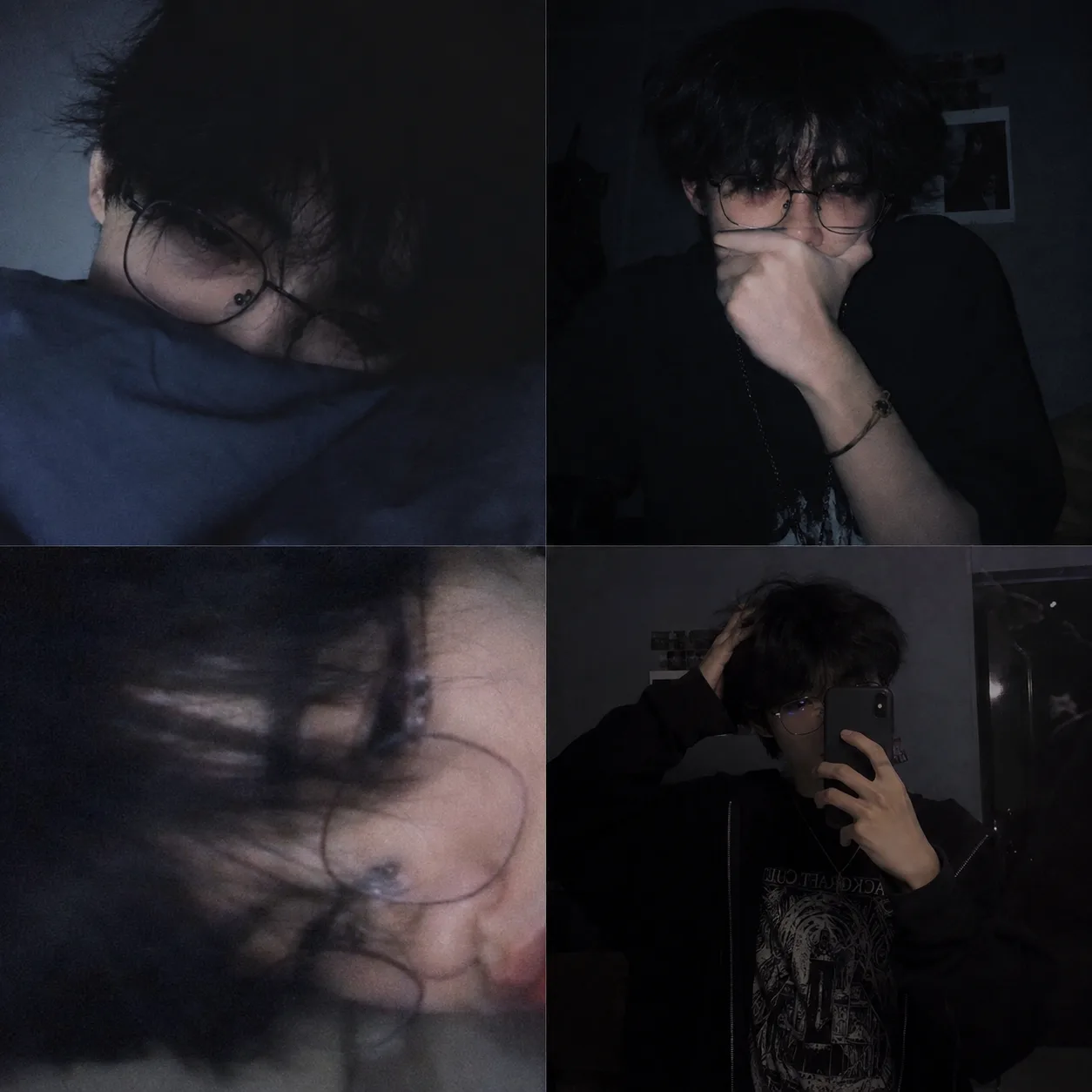 Moody low-light collage of a young person with messy black hair and glasses, soft pale skin, tired expression, emo/alt aesthetic.