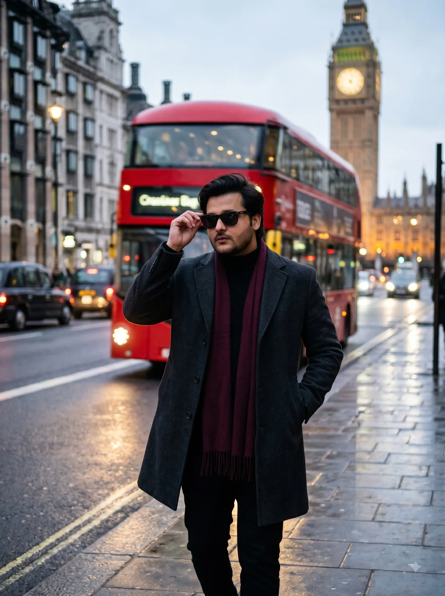 “A cinematic street portrait of a stylish man walking confidently along a London street at dusk.