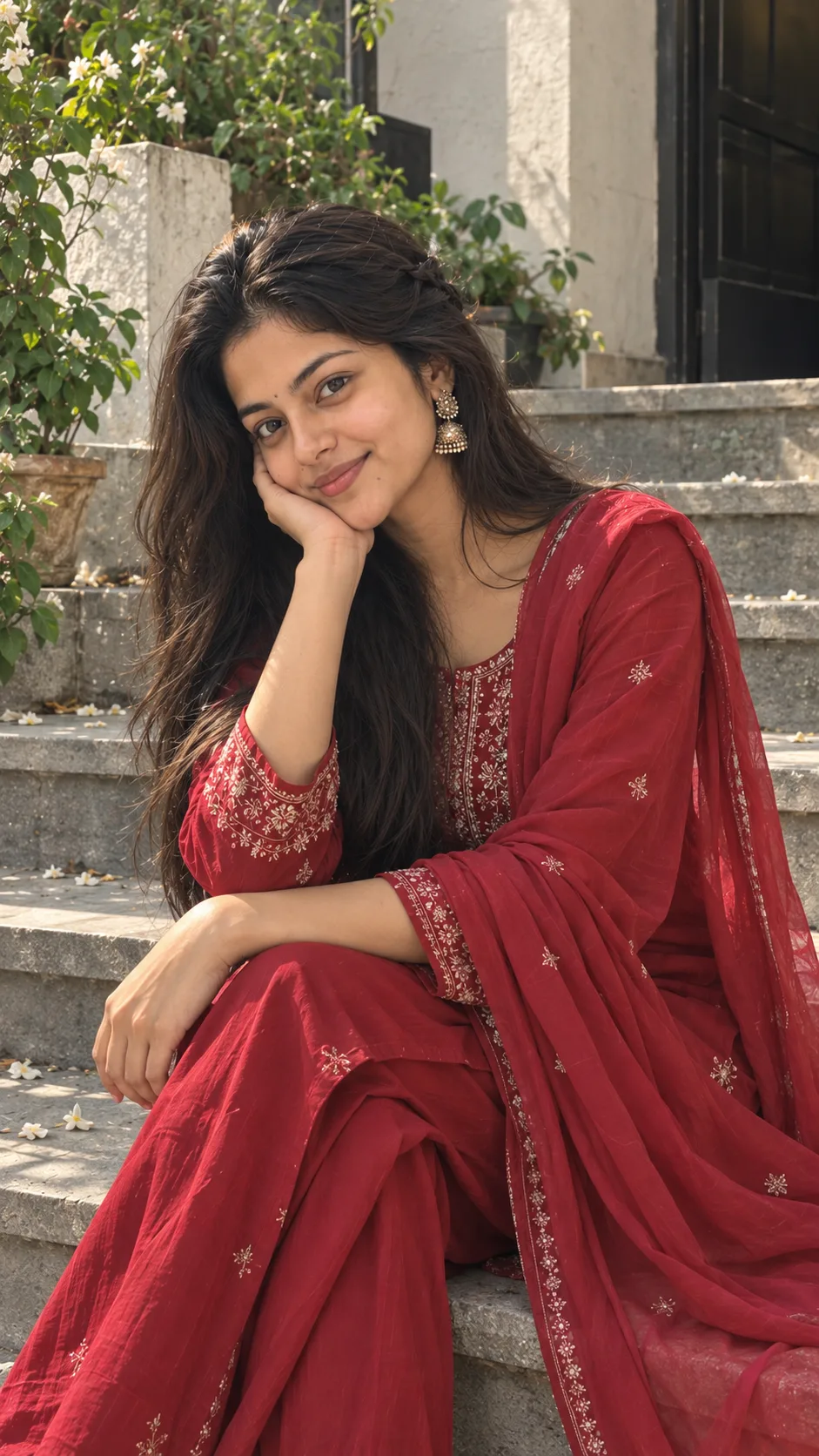 A photorealistic, highly detailed portrait of a beautiful young South Asian woman sitting gracefully on concrete steps outdoors.