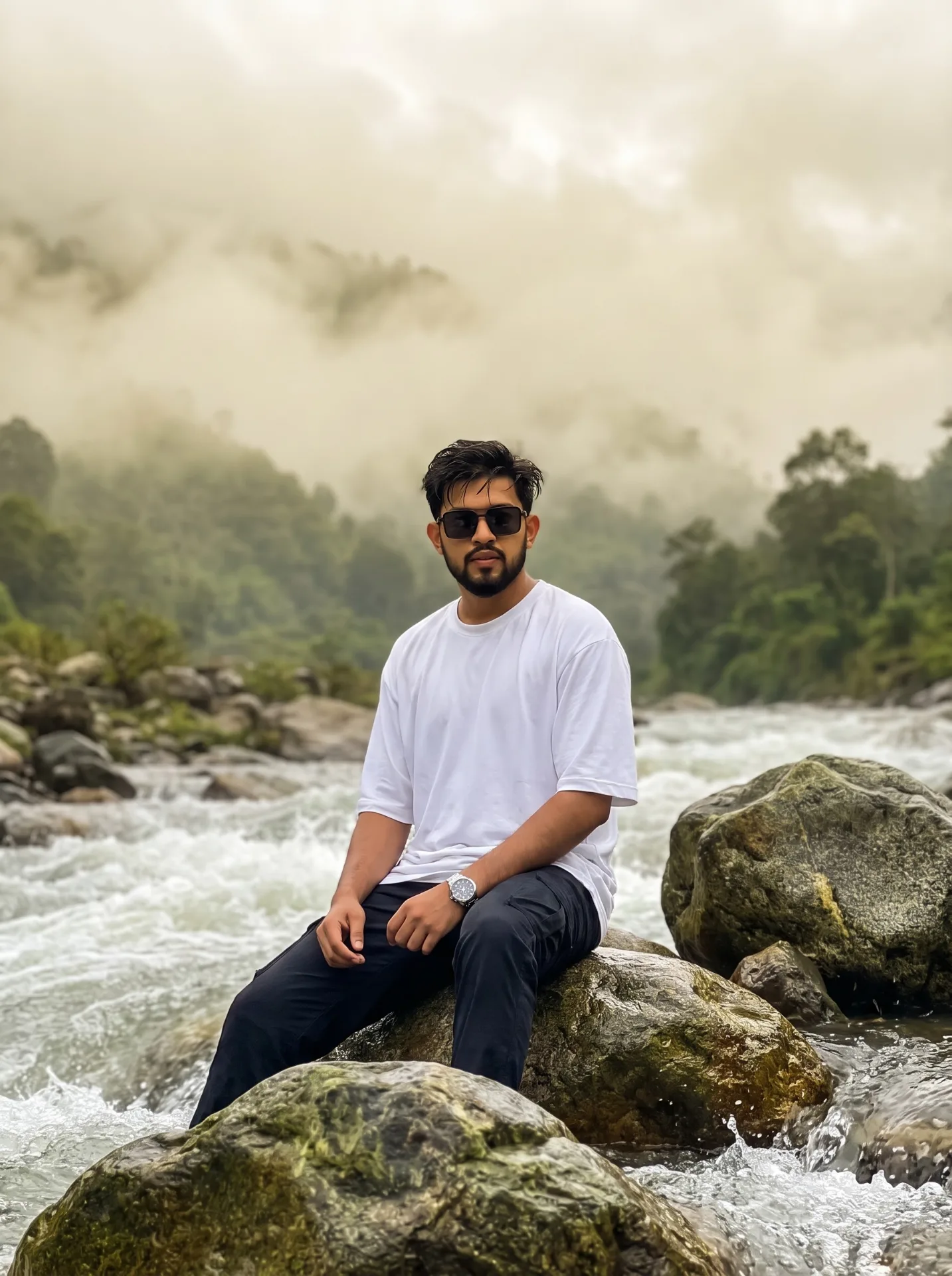 A HIGHLY DETAILED, PHOTOREALISTIC WIDE SHOT OF A YOUNG MAN SITTING ON LARGE, WET BOULDERS IN THE MIDDLE OF A RUSHING, WHITE-WATER RIVER.