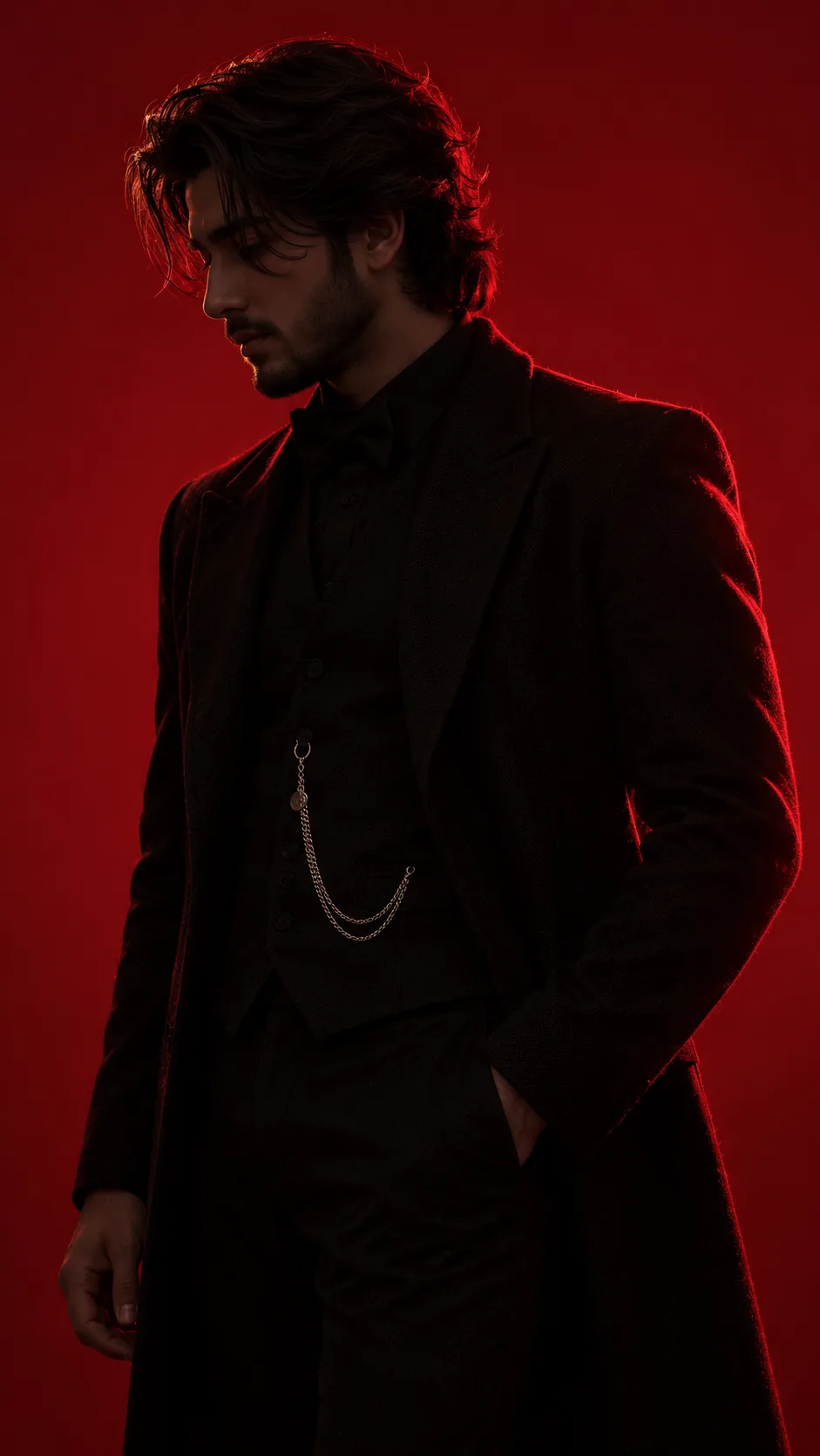 **Ultra-realistic cinematic fashion portrait of a handsome young adult man standing in a dramatic side-profile pose against a solid deep