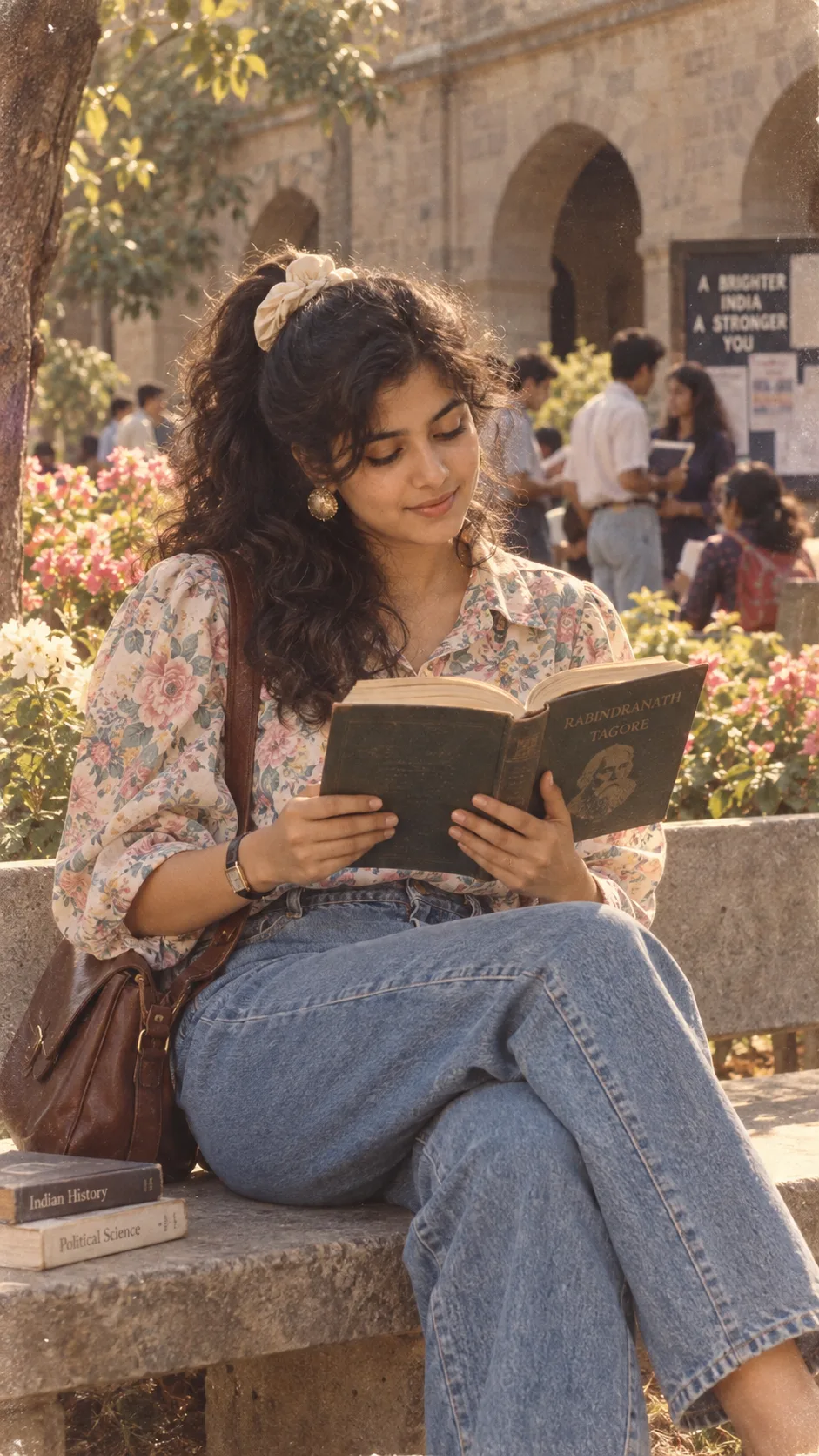 Transform the uploaded photo into an authentic cinematic 1980s Indian college portrait.