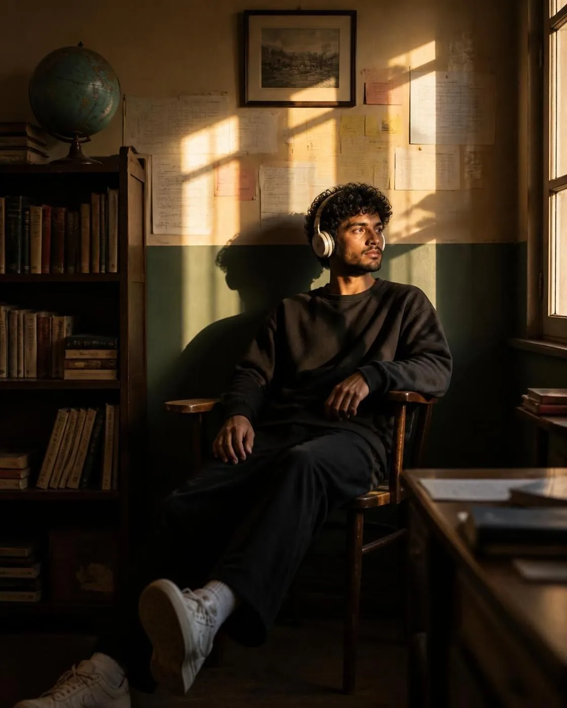 Create a highly realistic cinematic indoor portrait of a young man relaxing in a quiet study room during late afternoon.