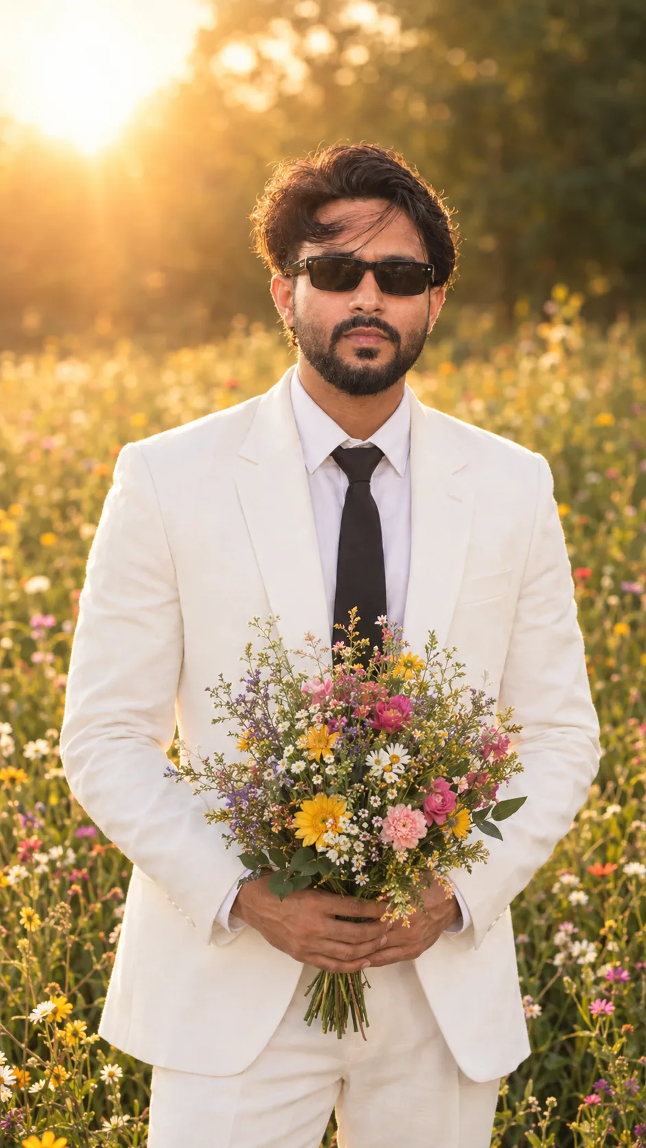 Create a highly realistic, photorealistic cinematic vertical 9:16 portrait of a stylish young man standing in a beautiful sunlit wildflower
