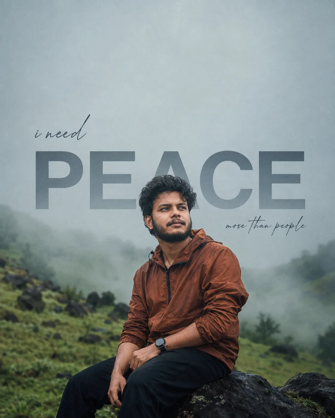 Create a cinematic, ultra-realistic outdoor editorial portrait of a young South Indian man sitting naturally on a rough dark volcanic rock