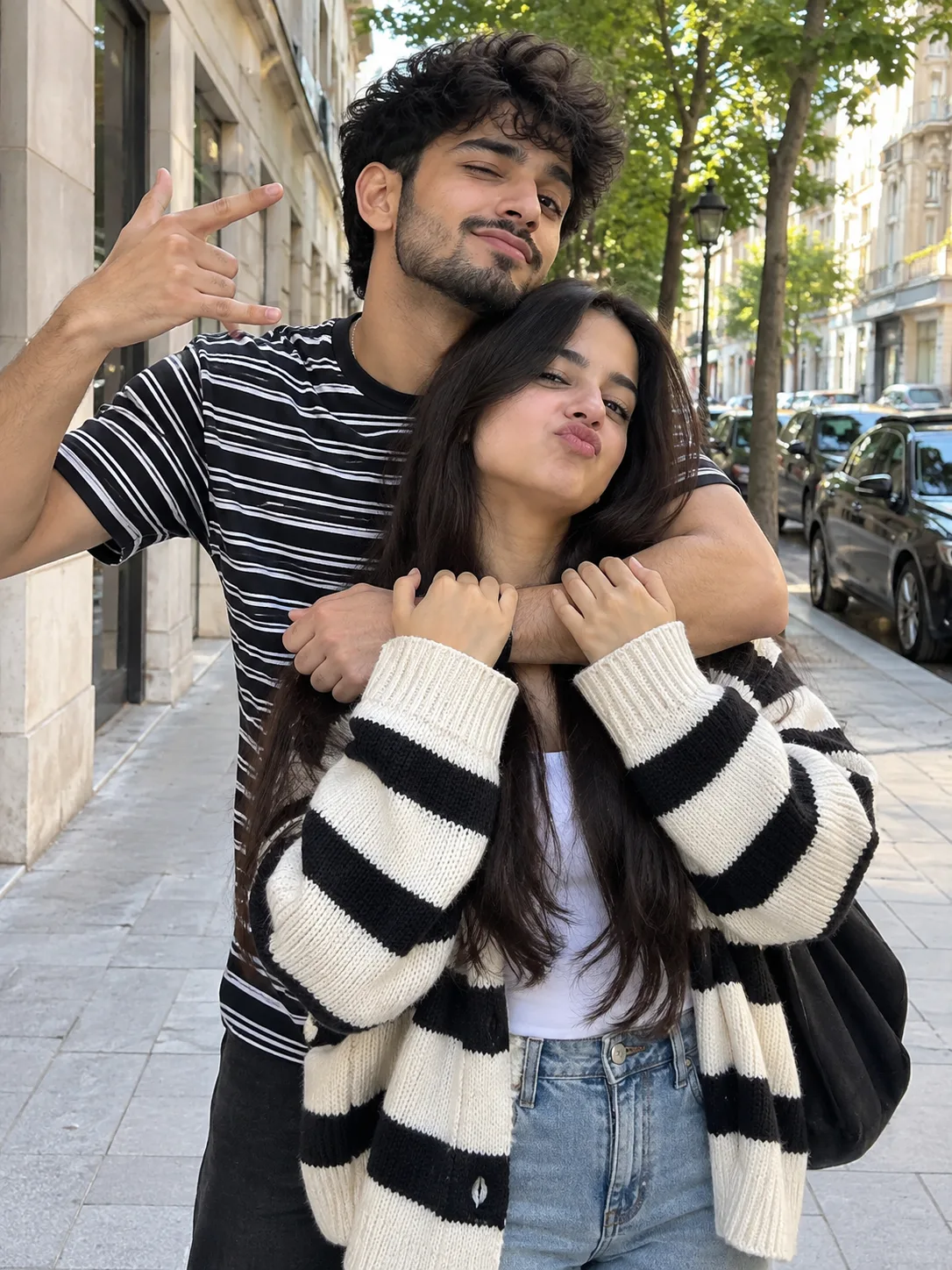 An ultra-realistic, highly candid out 2/14 door photo of a playful young South Asian couple posing funnily on a cit y sidewalk.