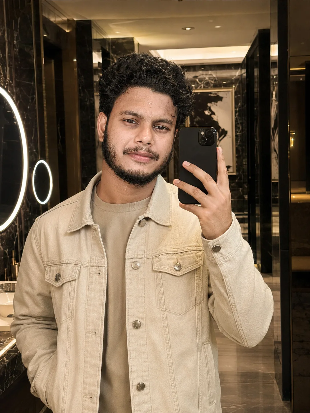 An ultra-realistic luxury fashion editorial portrait of a stylish young male model taking a mirror selfie inside an upscale five-star hotel