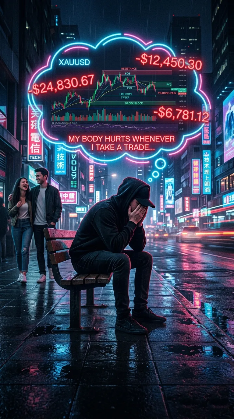 A high-quality 9:16 vertical cinematic cyberpunk-style poster about stock market loss.