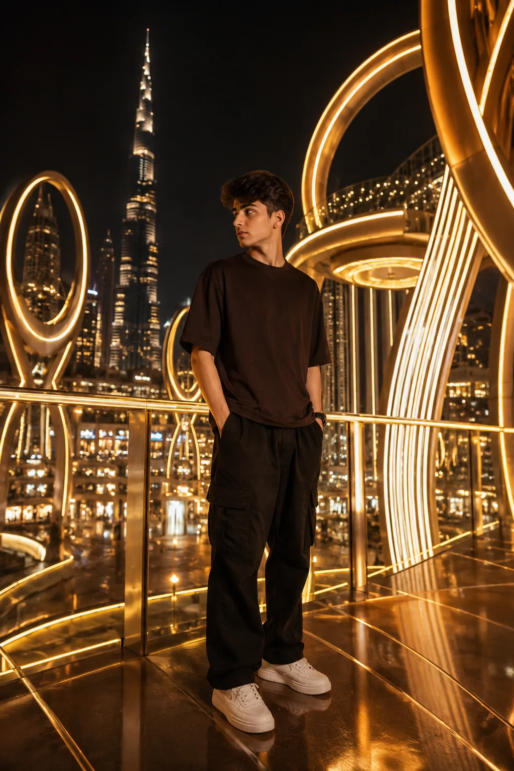 Create an ultra-photorealistic cinematic portrait of a young adult man standing confidently at a breathtaking and unusual futuristic