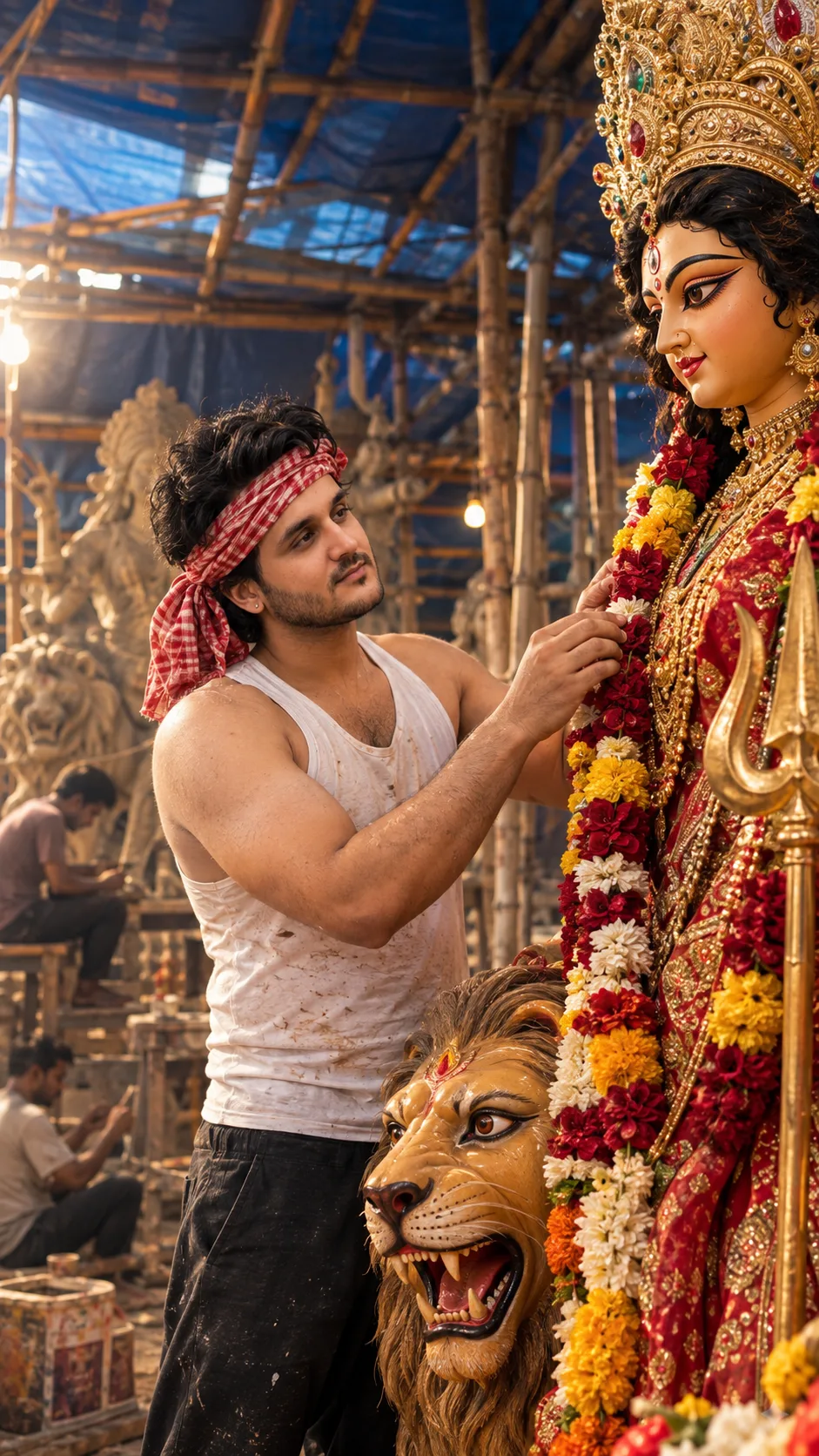 A cinematic, mid-shot photograph of a young artist meticulously decorating a large, beautifully crafted idol of Goddess Durga inside a