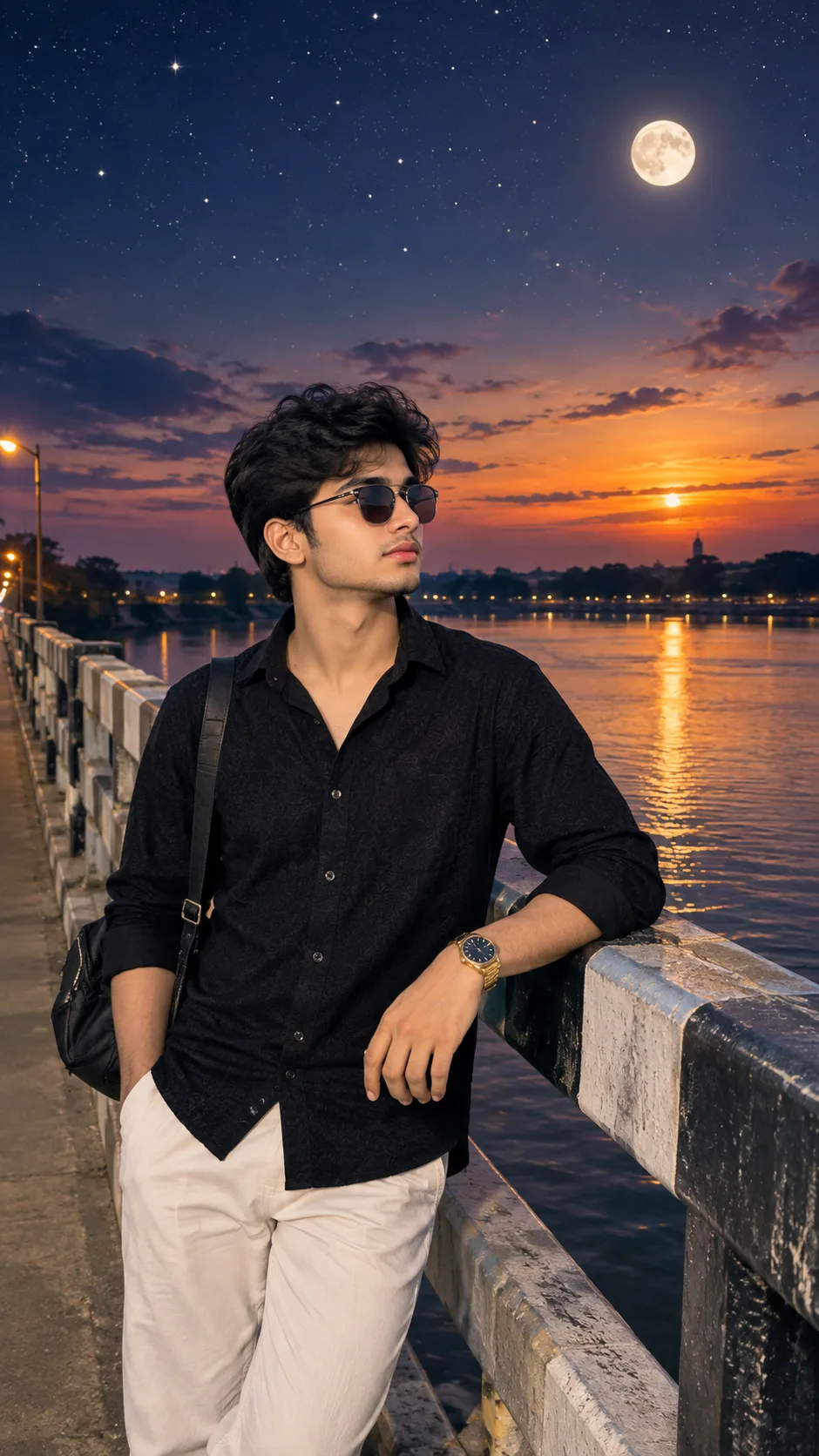 A handsome young South Asian man standing stylishly on a bridge beside a calm river at sunset.