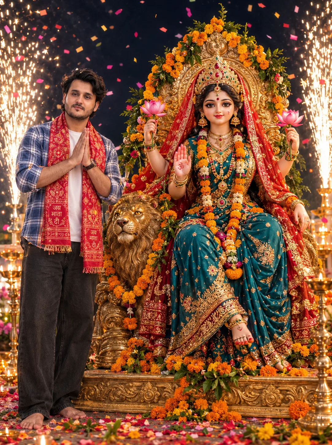 A hyper-realistic, vibrant festive photograph featuring a smiling young Indian man standing barefoot on the left, with his hands folded in