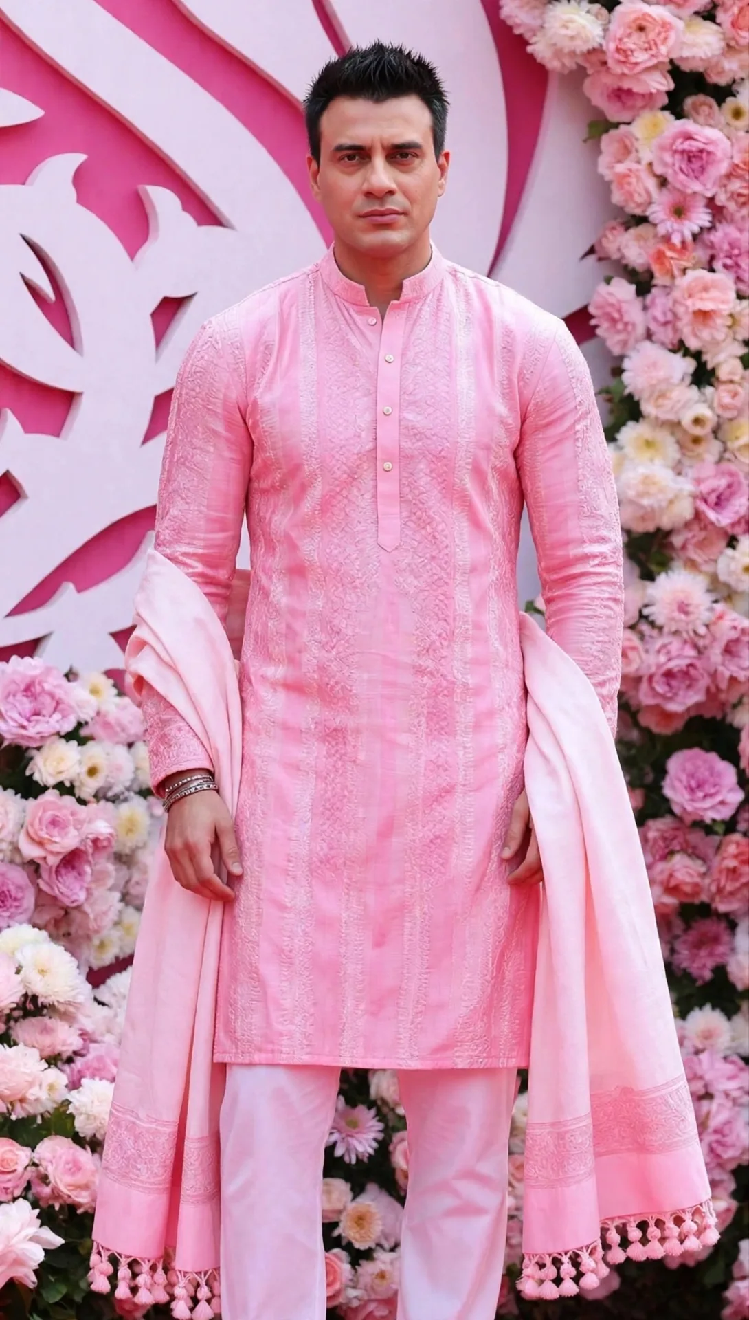 A man with exact same face as in reference image, 100% identical facial features, short spiky hair, wearing light pink kurta with intricate