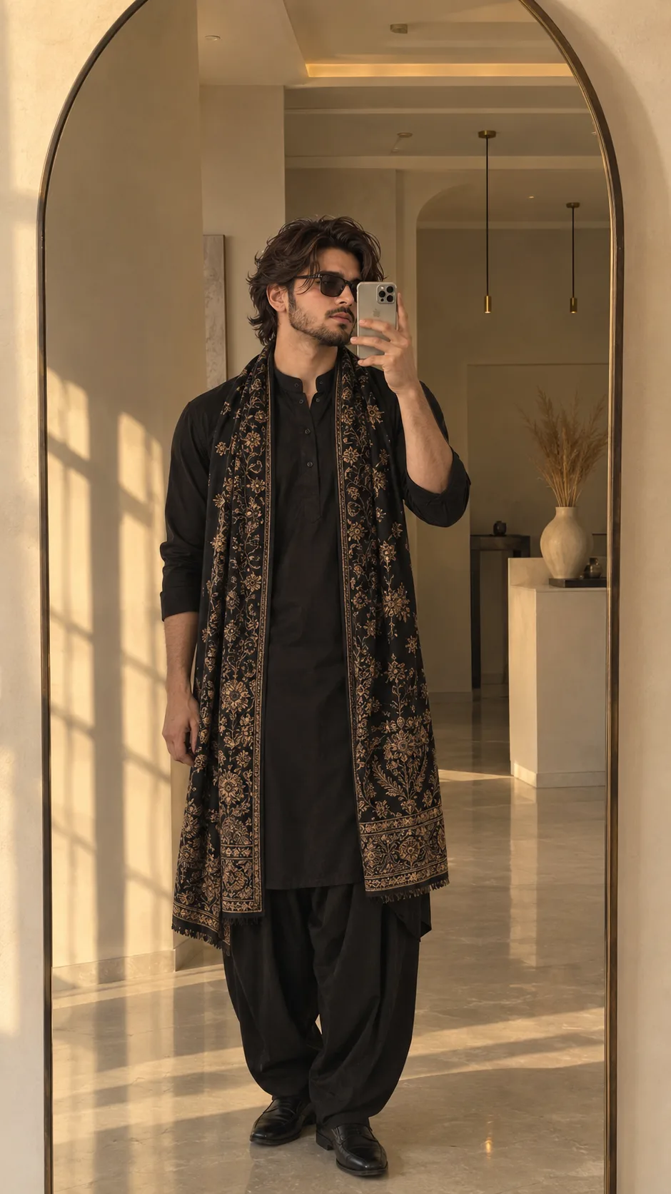 **Ultra-realistic cinematic full-body mirror selfie of a handsome young adult South Asian man standing indoors in an elegant minimalist