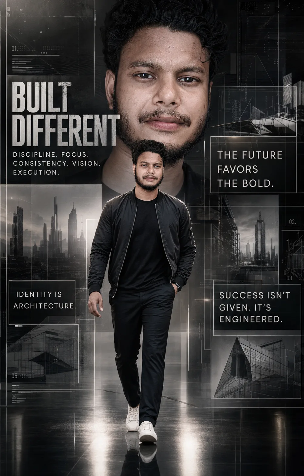 Create a highly realistic, premium cinematic vertical motivational poster inspired by the reference image, with a clean futuristic