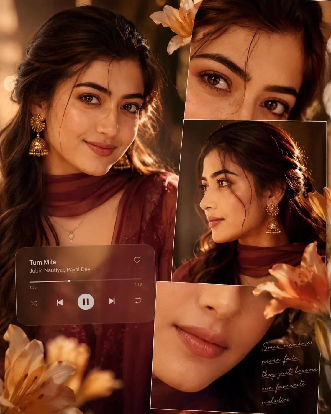 A romantic vertical scrapbook photo collage featuring multiple overlapping panels of a beautiful young South Asian woman (Rashmika Mandanna