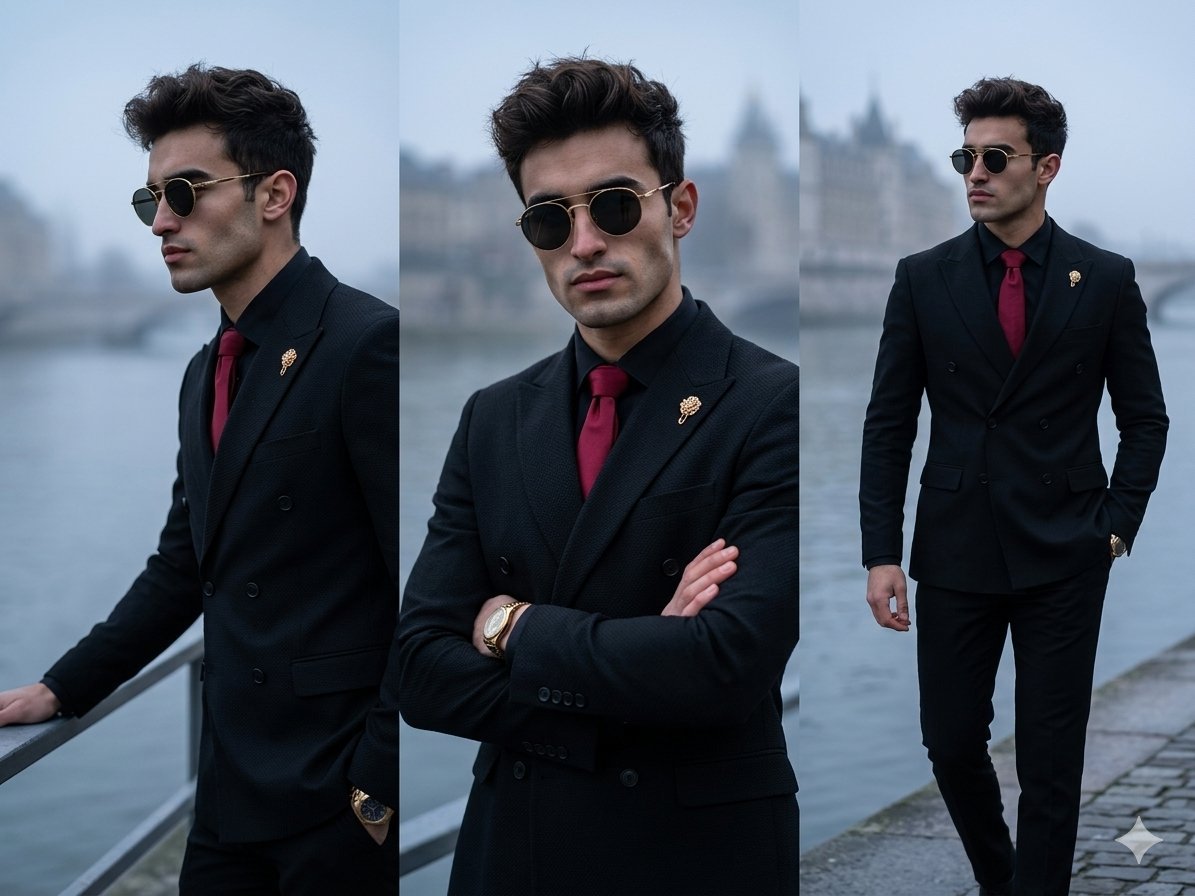 Image created on Gpt 2 Prompt: Ultra-stylish cinematic fashion portrait collage of a handsome young man wearing a tailored black