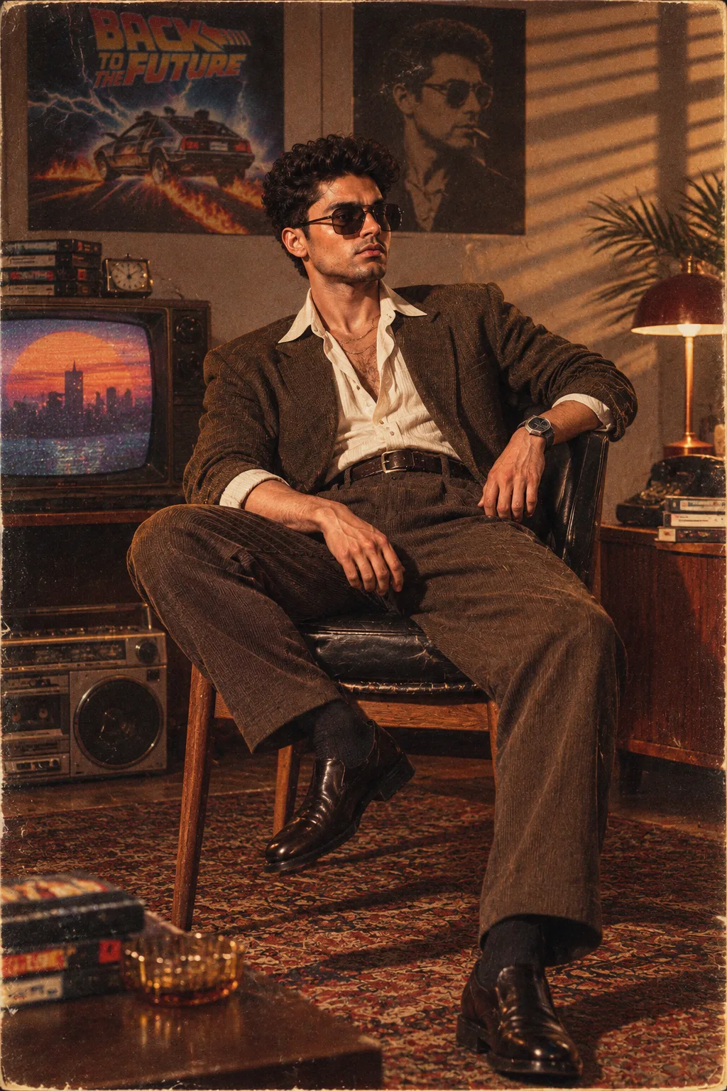 Create an ultra-realistic cinematic 1980s retro editorial portrait of a stylish young man sitting casually in a vintage leather armchair,
