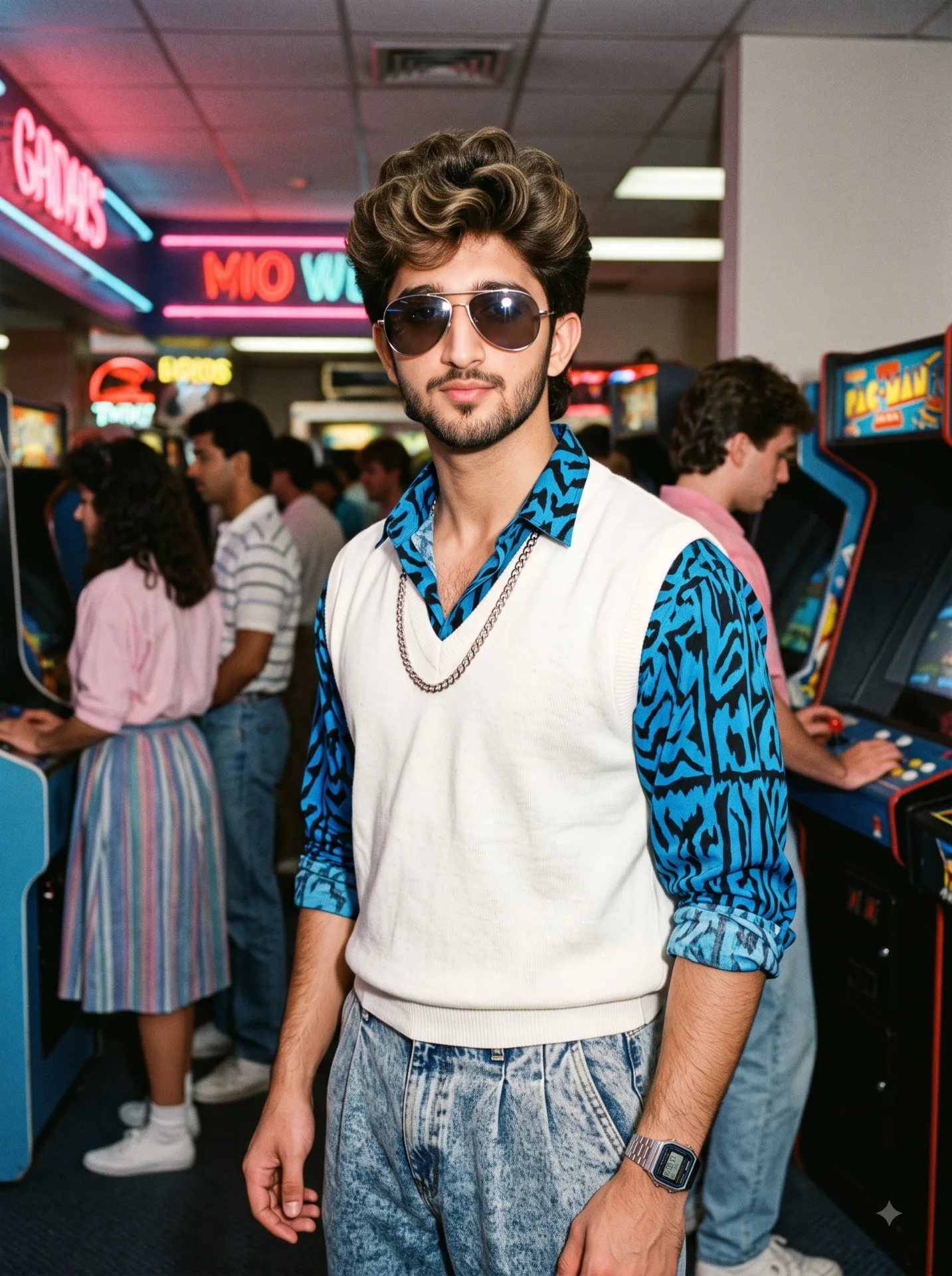 Using my uploaded photo, show me what I would have looked like around 1985.