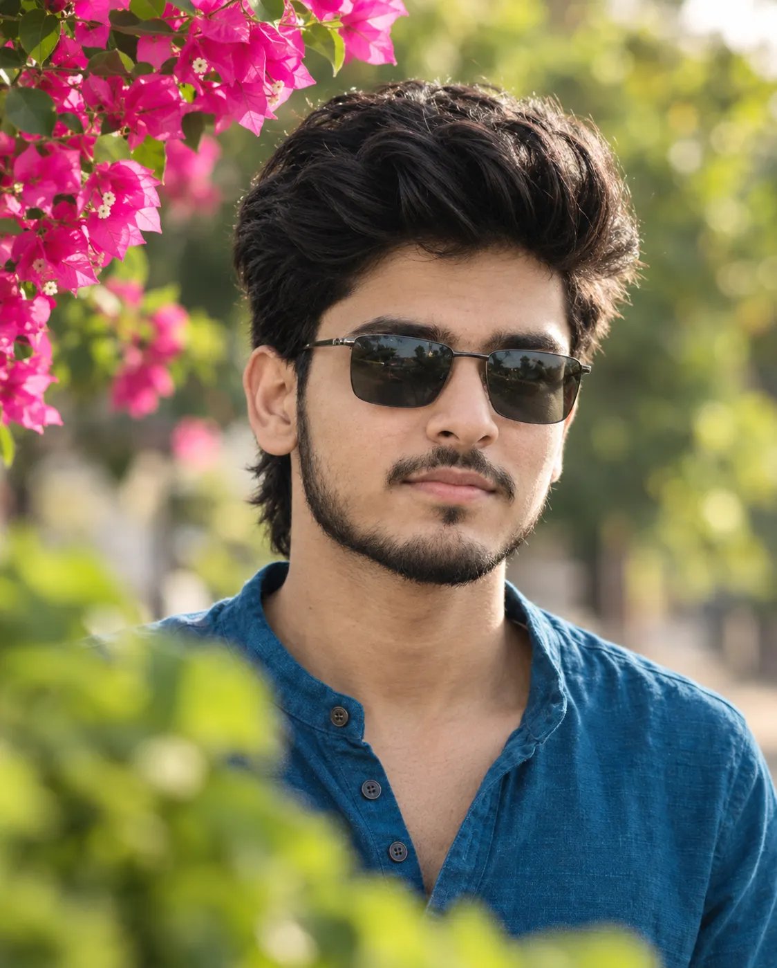 A stylish boy in his 18 year old slim body with a slightly messy hairstyle and sunglasses, wearing a vibrant rust-blue Henley shirt.