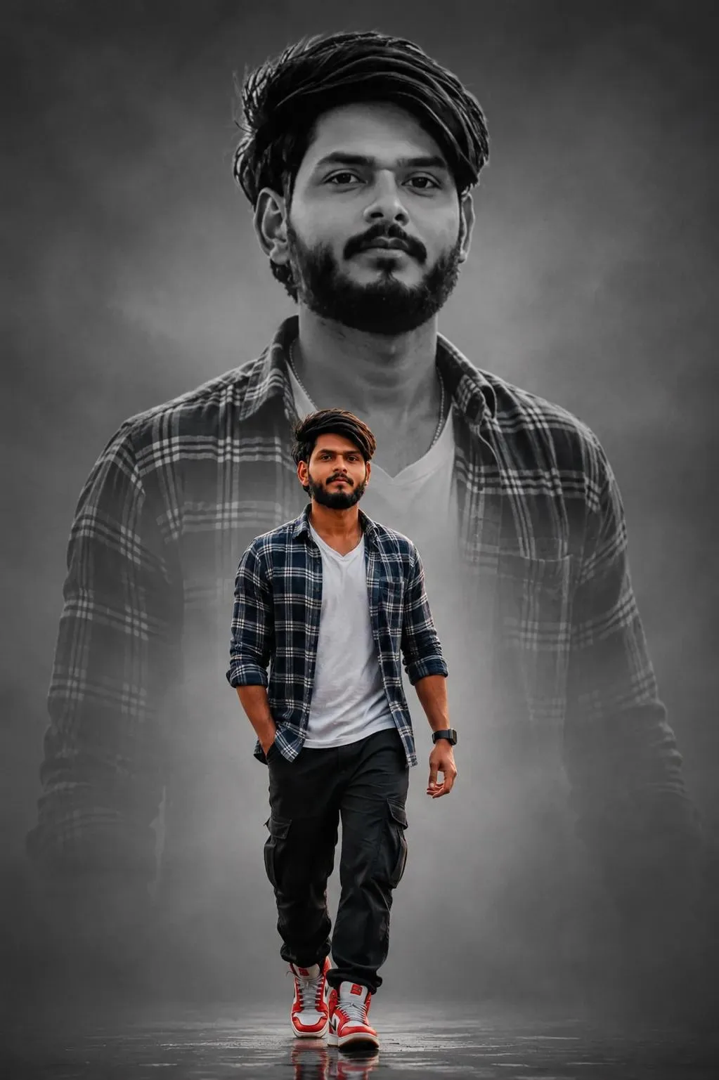 A conceptual composite portrait of a young man, presented dramatically in a vertical composition.