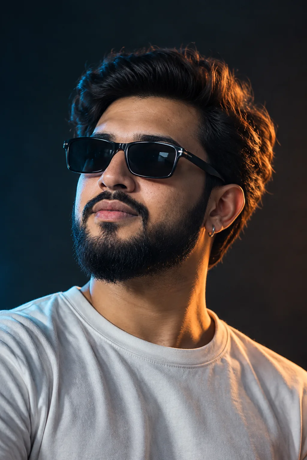 Close-up cinematic studio portrait of a stylish young man with curly dark hair, a well-groomed beard and mustache, wearing black