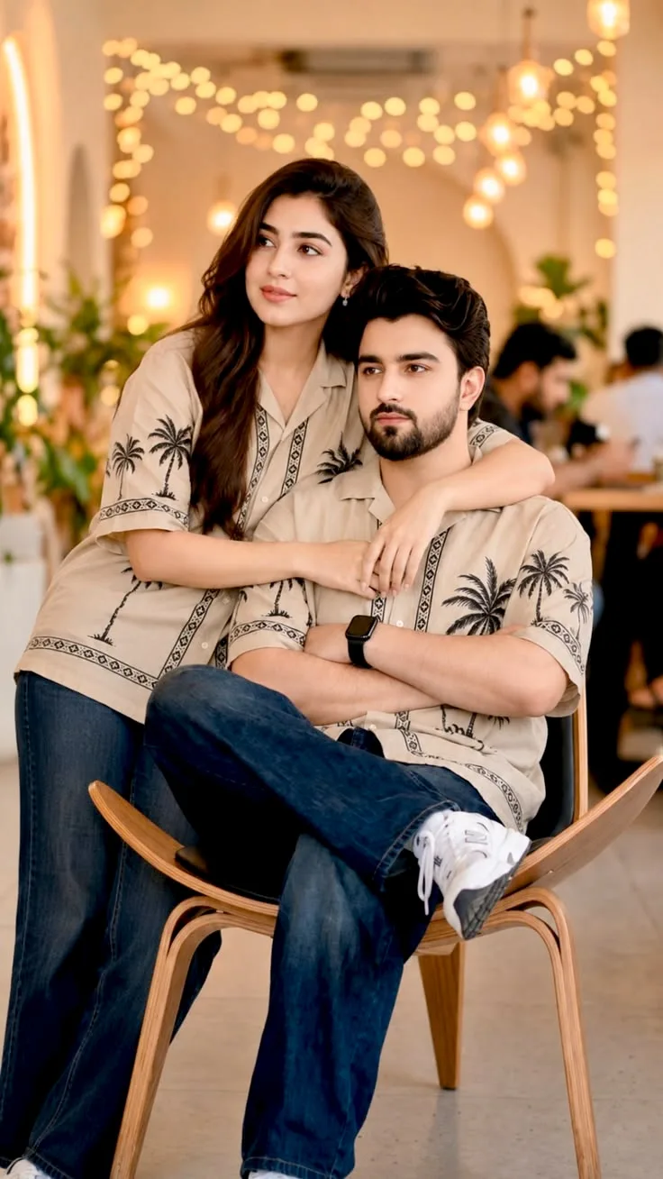 A photorealistic vertical medium-full portrait of the young South Asian couple from the reference image, faithfully preserving their exact