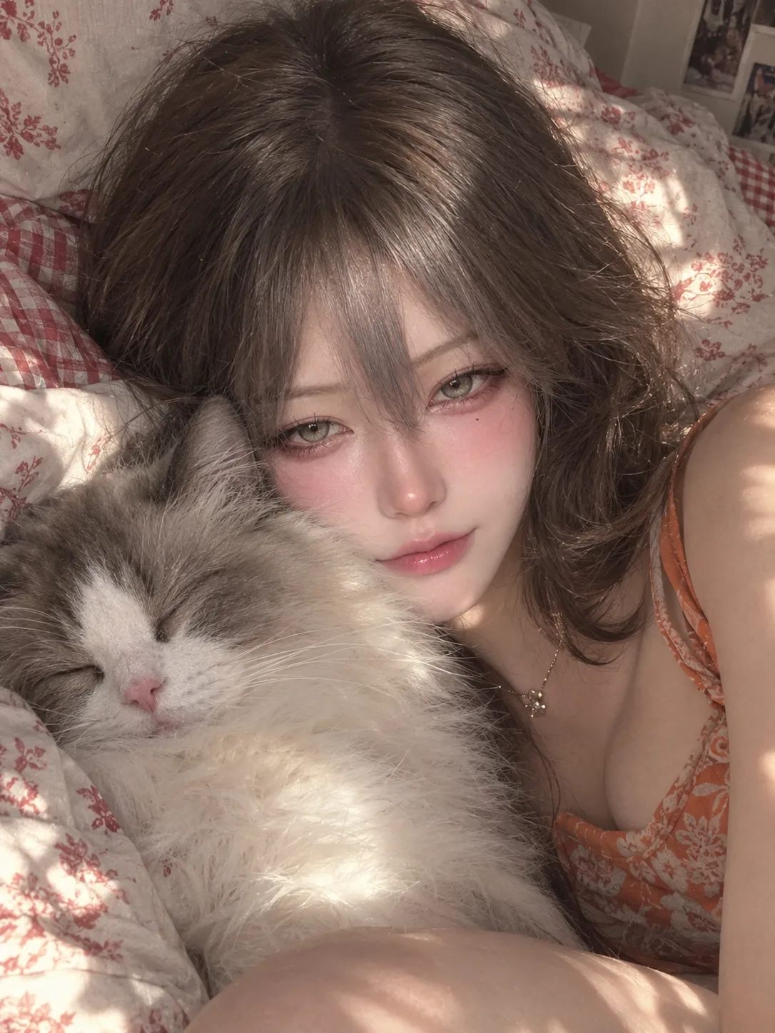 A soft, realistic close-up portrait of a young woman (using upload image) lying on a bed, her head resting gently against her cat.