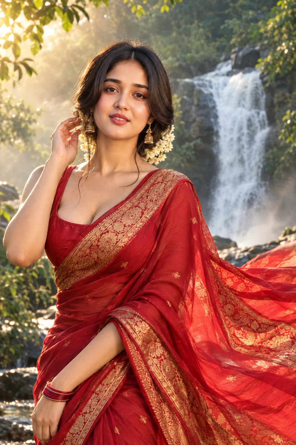 "A stunningly beautiful Indian woman with a radiant brown sugar skin tone, wearing a rich red saree with intricate golden border details,